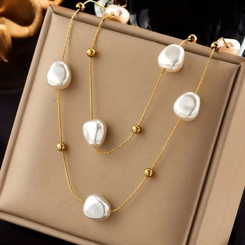 Gold Tone Stainless Steel Double Chain Mother of Pearl Necklace